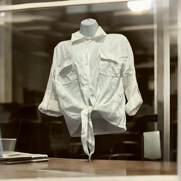 Women’s White Button Down V-Neck Shirt with Tie Front – Size S – NWOT - Picture 1 of 9
